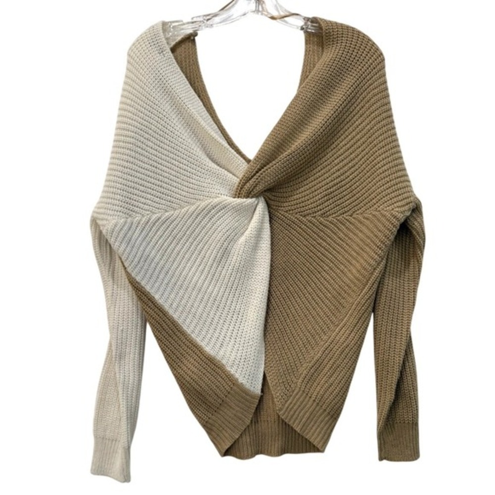 Women's Love Tree Sz Large‎ V Neck Twist Back Tan Ivory Color Block Sweater